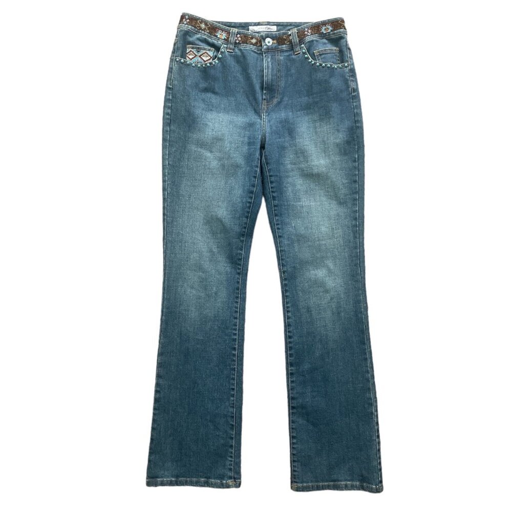 Chico's Platinum Navajo High Rise Western Jeans With Beaded Waistband & Pockets